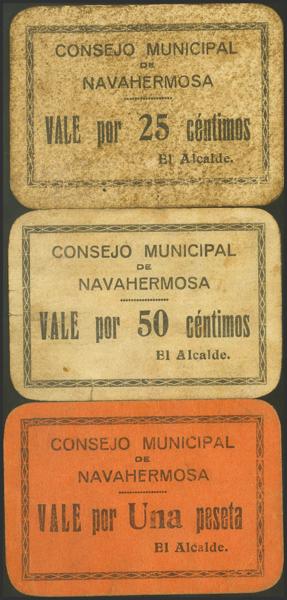 1008 - NAVAHERMOSA (TOLEDO). 25 Céntimos, 50 Céntimos y 1 peseta. (1937ca). (González: 3806/08). Rarísima serie completa. MBC/MBC+. - 450€