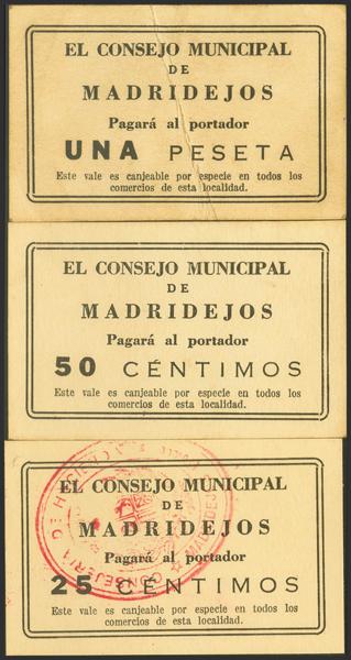 994 - MADRIDEJOS (TOLEDO). 25 Céntimos, 50 Céntimos y 1 Peseta. (1937ca). (González: 3306/08). Muy rara serie completa, especialmente en esta excepcional calidad conservando sus firmas y el tampón. SC/EBC-. - 500€