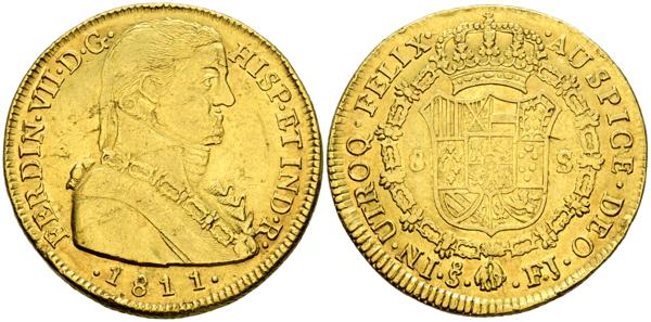 102 - FERNANDO VII (1808-1833). 8 Escudos. (Au. 26,75g/38mm). 1811. Santiago FJ. (Cal-2019-1865). Busto almirante. MBC+. Leves hojitas. - 1.800€
