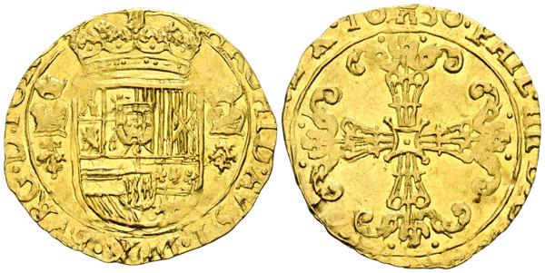 35 - FELIPE IV (1621-1665). 1 Corona. (Au. 2,85g/22mm). 1630. Tournai. (Vicenti 1418). EBC-. Escasa. - 750€