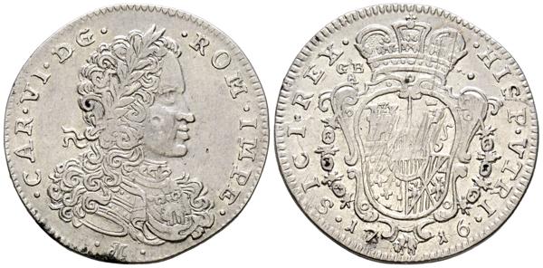 39 - CARLOS III, El Pretendiente (1700-1714). 1 Tari. (Ar. 4,25g/25mm). 1716. Nápoles. Con el título de Emperador de Austria y Rey de España. (MIR-324/2). EBC-. Rayitas en reverso. Excelente ejemplar. - 100€