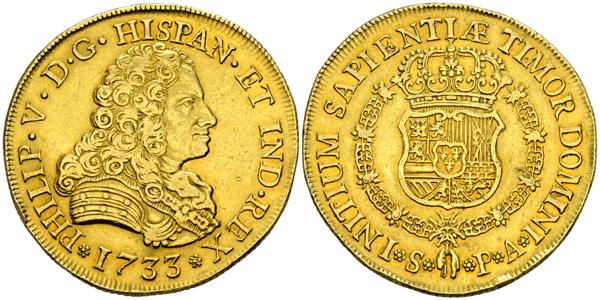 48 - FELIPE V (1700-1746). 8 Escudos. (Au. 26,94g/37mm). 1733. Sevilla PA. (Cal-2019-2308). Sin indicador de valor. MBC+. Golpecitos. Muy escasa. - 4.000€