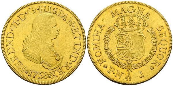 55 - FERNANDO VI (1746-1759). 8 Escudos. (Au. 26,90g/38mm). 1758. Popayán J. (Cal-2019-796). Sin indicador de valor. EBC-. Marquitas en anverso. Escasa. - 3.000€
