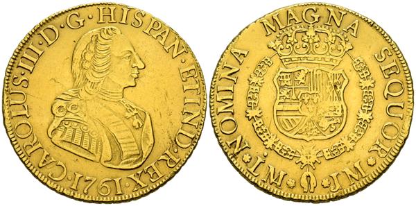 69 - CARLOS III (1759-1788). 8 Escudos. (Au. 26,85g/36mm). 1761. Lima JM. (Cal-2019-1914). Primer busto. MBC+. Limpiada. Rara. - 5.000€