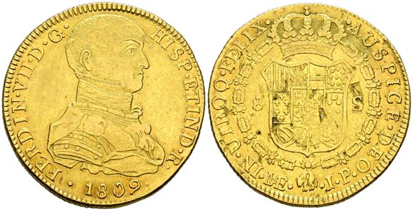 99 - FERNANDO VII (1808-1833). 8 Escudos. (Au. 26,78g/36mm). 1809. Lima JP. (Cal-2019-1754). Busto Indígena. EBC-. Pequeñas hojitas en reverso. - 2.000€