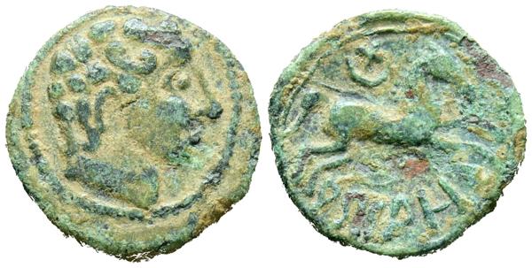 89 - ARSAOS (Jaca, Huesca). Cuadrante. (Ae. 2,70g/16mm). 120-80 a.C. (FAB-152). Anv: Cabeza masculina a derecha. Rev: Caballo con brida a derecha, encima creciente y estrella, debajo leyenda ibérica curva: ARSAOS. MBC-/MBC. Escaso. - 300€