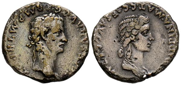 1651 - CALIGULA y AGRIPPINA. Denario. (Ar. 3,18g/18mm). 37-38 d.C. Lugdunum. (RIC 14). Anv: Cabeza laureada de Calígula a derecha, alrededor leyenda: C CAESAR AVG GERM P M TR POT T. Rev: Busto drapeado de Agrippina a derecha, alrededor leyenda: AGRIPPINA MAT C CAES AVG GERM. MBC-. Raro ejemplar. - 800€