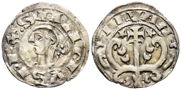 2251 - SANCHO VI (1150-1194). Dinero. (Ve. 0,93g/19mm). Navarra. (Crus V.S. 222 var). Anv: Cabeza de Sancho VI a izquierda dentro de gráfila perlada, alrededor leyenda: SANCIVS REX. Rev: NAVARA en arco sobre árbol superado por cruz con estrellas de cinco puntas sin circulo interior a los lados. MBC+. Oxidaciones limpiadas. Escasa. - 180€