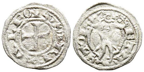 2289 - ALFONSO VIII (1158-1214). Óbolo. (Ve. 0,38g/14mm). Toledo. (Imperatrix A8:6.3; FAB-157.1). Anv: Cruz patada con roeles en el 1º Y 4º cuadrante, todo dentro de gráfila circular, alrededor leyenda: REX ALFONSVS. Rev: Figura en pie con espada y palma, a los lados leyenda: ETA-STOL. MBC+. Muy rara y mas asÍ.  - 300€