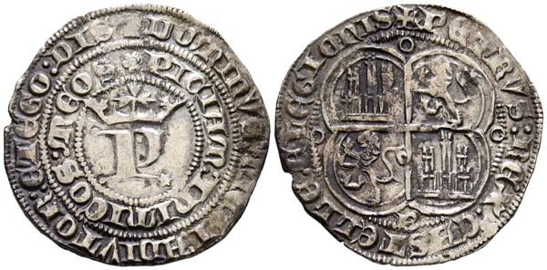 2355 - PEDRO I (1350-1368). Real (Ar. 3,50g/25mm). Burgos. (Imperatrix P1:12.13; FAB-378.4). Anv: P coronada con estrella en el extremos derecho de la base, alrededor leyenda circular en dos líneas: DOMINVS MICHI ADIVTOR ET EGO DISPICIAM INIMICOS MEOS. Rev: Cuartelado de castillos y leones rampantes a izquierda dentro de gráfila cuatrilobular, debajo B, alrededor leyenda: PETRVS REX CASTELLE E LEGIONIS. MBC+. Tono. - 300€