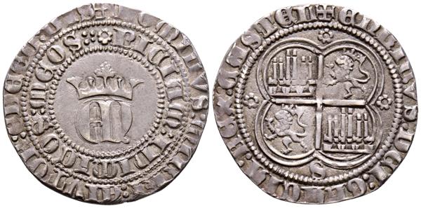 2374 - ENRIQUE II (1368-1379). Real (Ar. 2,87g/25mm). Sevilla. (Imperatrix E2:22.28; FAB-406). Anv: Anagrama EN coronado dentro de gráfila perlada, alrededor leyenda circular en dos líneas: DOMINVS MICHI ADIVTOR ET EGO DIS/PICIAM INIMICOS MEOS. Rev: Cuartelado de castillos y leones rampantes a izquierda dentro de gráfila cuatrilobular, debajo S, alrededor leyenda: ENRICVS DEI GRACIA REX CASTEL. EBC-. Buen ejemplar. - 200€