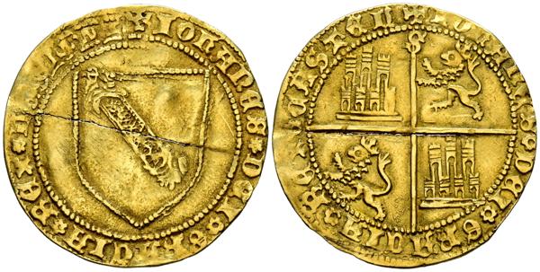 2389 - JUAN II (1406-1454). Dobla de la banda. (Au. 4,40g/29mm). Sevilla. (Imperatrix J2: 7.24; FAB-617.2 variante de leyenda). Anv: Escudo de la banda con leones en los extremos, todo dentro de gráfila circular, alrededor leyenda: IOHANES DEI GRACIA REX LEGIONI. Rev: Cuartelado de castillos y leones coronados y rampantes a izquierda, todo dentro de gráfila circular, marca de ceca en el extremo superior, alrededor leyenda: IOHANES DEI GRACIA REX CASTEL. MBC. Bonito tono. Grieta. Posiblemente colgada. - 750€