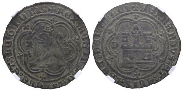 2405 - REYES CATÓLICOS (1474-1504). 4 Maravedís. (Ve. 9,71g/28mm)*. S/D. Cuenca. (Calicó no cita; López de la Fuente no cita). Variante inédita hasta la fecha para nosotros, donde observamos dos C góticas y retrógradas a ambos lados del castillo (similar a B-453 de López de la Fuente) y otra C más del mismo tipo en el reverso, a la derecha del león. La pieza no tiene marca de ensayador. Encapsulada por NGC AU Details. * Peso y medidas teóricos.  - 600€