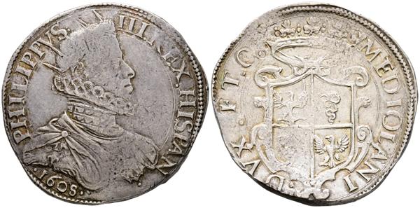 2438 - FELIPE III (1598-1621). 1 Ducatón. (Ar. 31,94g/37mm). 1608. Milán. (Vicenti 34). MBC+. Bonito tono. Escasa. - 500€