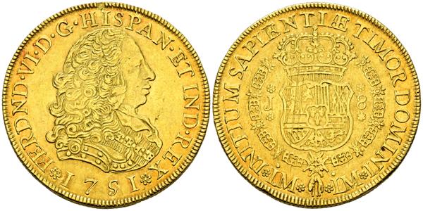 2562 - FERNANDO VI (1746-1759). 8 Escudos (Au. 26,92g/37mm). 1751. Lima J. (Cal-2019-764). EBC. Hojita en listel del anverso. Restos de brillo original.<BR> - 4.000€