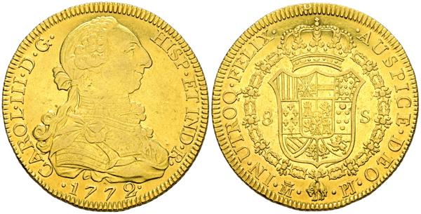 2603 - CARLOS III (1759-1788). 8 Escudos (Au. 27,03g/37mm). 1772. Madrid PJ. (Cal-2019-1956). Primer año de busto propio. EBC+. Brillo original. Escasa y más así.<BR> - 3.000€