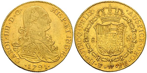 2676 - CARLOS IV (1788-1808). 8 Escudos. (Au. 26,92g/36mm). 1791. Potosí PR. (Cal-2019-1695). Primer año de busto propio. MBC+. Raro ejemplar. - 1.500€