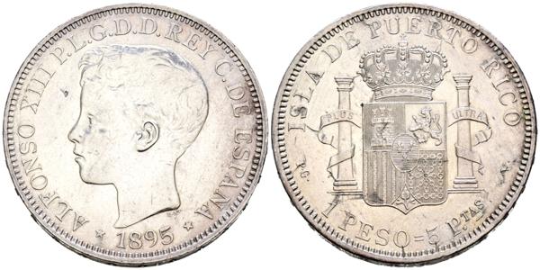 2965 - ALFONSO XIII (1885-1931). 1 Peso. (Ar. 24,96g/38mm). 1895. Puerto Rico PGV. (Cal-2019-128). MBC+. Limpiada. - 350€